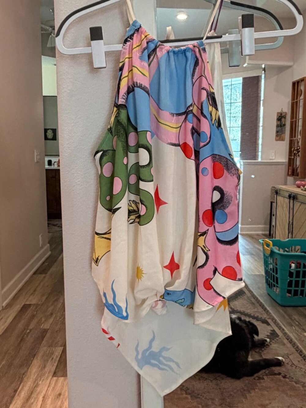 Evolutionary Abstract Print Scarf Hem Tie-Front Halter Blouse